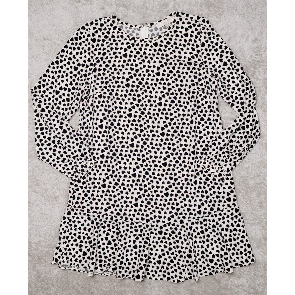 Loft Black White Heart Print Long Sleeve Flounce Dress Womens Size M